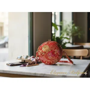Brocade Round Crossbody Bag - Compact 18cm Side Bag with 110cm Strap