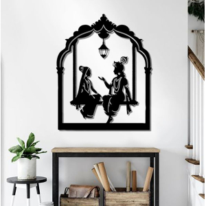 Radha Krishna Wooden Wall Canvas Home Cafe Office Decor with And without LED Options In Black (2ft)