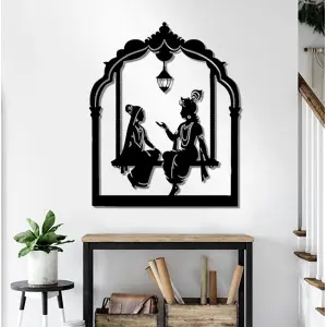 Radha Krishna Wooden Wall Canvas Home Cafe Office Decor with And without LED Options In Black (2ft)