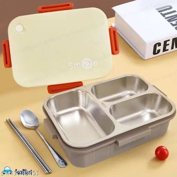 Lunch Box 3 Compartment Leak-Proof BPA Free Stainless Steel with Spoon, for School, Lunch Box, Lunch Box for School & Office with a Fork, a Spoon and a Pair of Chopsticks - Image 3