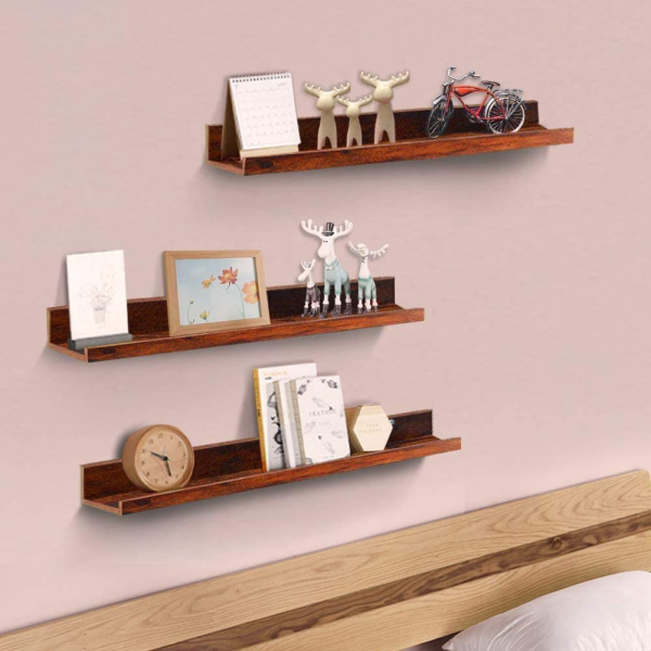 3PC Floating Wall Mount Shelves Living Room & Bedroom Wall Decoration, Multipurpose Shelf in Brown (2ft) - Image 2