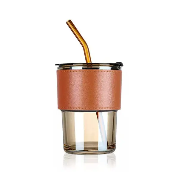 Slub Glass Coffee Mug with Straw Green Tea Sipper Tumbler Mug with Lid - Pack of 1- Travel Mug,Drinking Glass,Glass Sipper,Mason Jar,Can Sipper,Milk Mug,Juice Cup . - Image 3