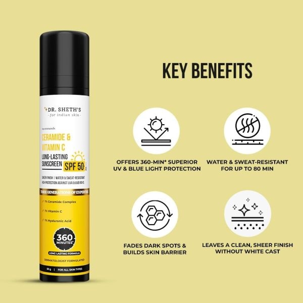 Dr. Sheth's Ceramide & Vitamin C Long lasting Sunscreen SPF 50+ PA++++|For Women & Men |50g - Image 3