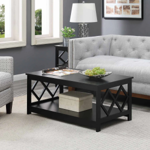 Black Diamond Coffee Table for Living Room, 40" Center Table with Strong Frame Support & Storage Shelf, 2-Tier Wood Coffee Tables for Bedroom
