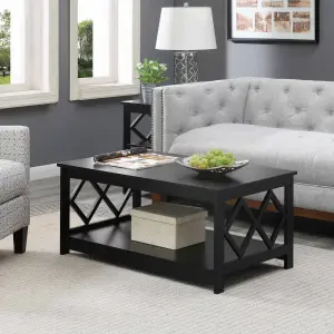 Black Diamond Coffee Table for Living Room, 40" Center Table with Strong Frame Support & Storage Shelf, 2-Tier Wood Coffee Tables for Bedroom