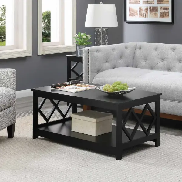 Black Diamond Coffee Table for Living Room, 40" Center Table with Strong Frame Support & Storage Shelf, 2-Tier Wood Coffee Tables for Bedroom