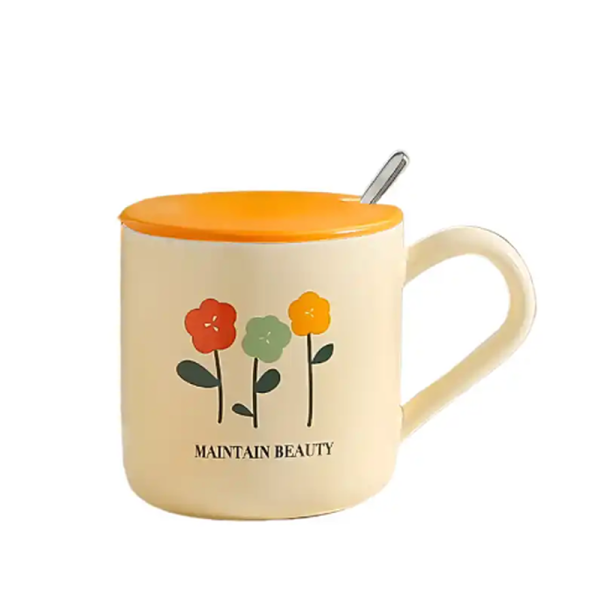 KOJA Ceramic Creative Tulip Ins Style Cute Couple Water Mug With Lid & Spoon - Image 4