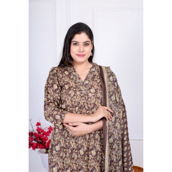 Bisesh Creation Brown V-neck Floral Printed Front Pleated Kurta Pant Shawl Set For Women - Image 2