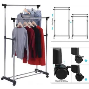 Double Pole Adjustable Stainless Steel Cloth Drying Hanger And Organizer Rack With Wheel For Indoor & Outdoor