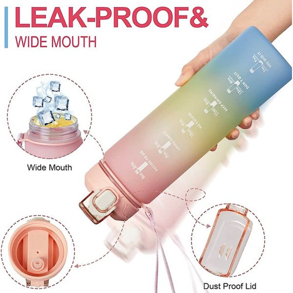 KOJA 1000ML Water Bottle with Motivational Time Marker Straw Strainer BPA Free Sport Plastic Bottles Exercise Leak Proof - Image 4