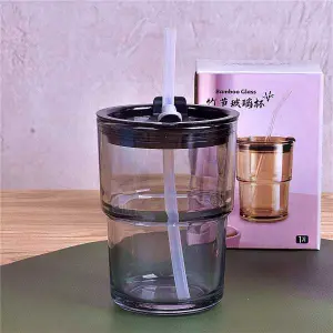 NepLliving 410ml Glass Coffee Mugs Drinking Straw Water Bottles Portable Water Cups With Lid Leather Anti Slip Cover Outdoor Travel Couple