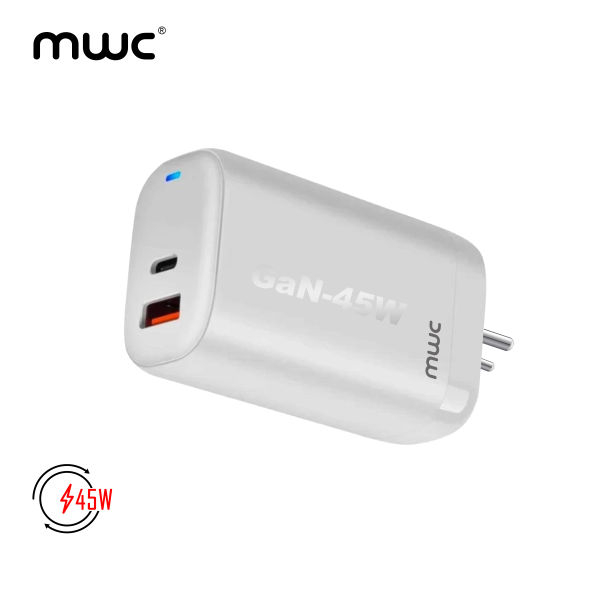 MWC 45W Dual Port (A+C) GaN Charging Adapter | MUCA45W | Compatible with All Brands | USB-A + USB-C Dual Port - White - Image 2