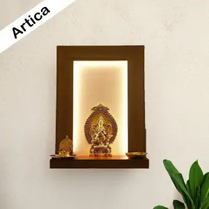 Artica Wooden Wall Hanging Temple with Warm LED Light Wood – Simple and Elegant Home Mandir for Pooja Room Decor, Fully Handcrafted with Love in Brown