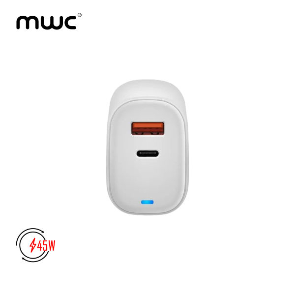 MWC 45W Dual Port (A+C) GaN Charging Adapter | MUCA45W | Compatible with All Brands | USB-A + USB-C Dual Port - White - Image 3