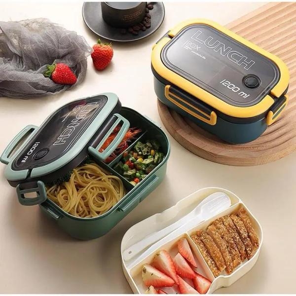 1200ml Lunch Bento Box Foldable Handle Double Layers 2 Tiers with Spoon and Fork - Image 5