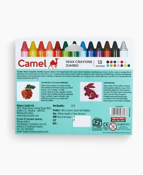 Camel Wax Crayons Jumbo – 13 Shades | Smooth & Safe Coloring for Kids - Image 3