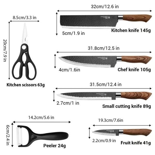 Carbon Steel Kitchen Knives Set 6 PCS Chef's Knife Slicing Knife Butcher Knives Forged with Scissors and Ceramic Peeler - Image 5