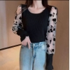 Casual Fashion Contrast Floral Full Sleeve Mesh Mock Neck Tee
