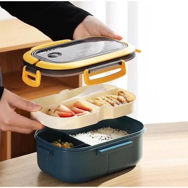 1200ml Lunch Bento Box Foldable Handle Double Layers 2 Tiers with Spoon and Fork - Image 4