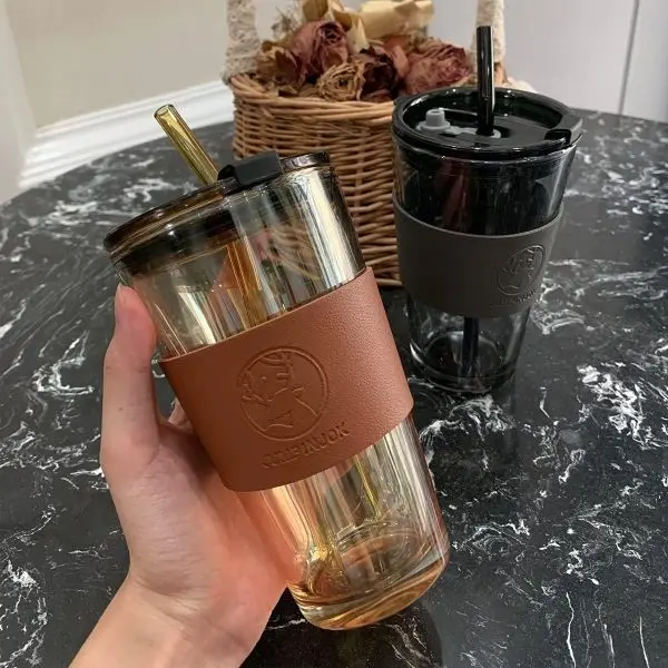 Iced Coffee Cups with Lids and Straws | 400ml | Thick Wall Glass Tumbler with Insulated Leather Sleeve,Cute Juice Mugs,Travel Sipper for Cocktail, Mocktail (1, Can Lather) - Image 2