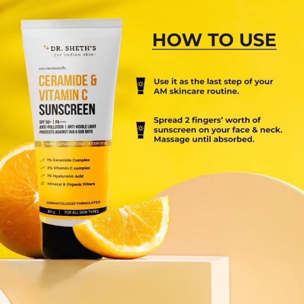 Dr. Sheth's Ceramide & Vitamin C Sunscreen SPF 50+ PA+++ For Women & Men | UVA UVB Sun Protection | 80g - Image 4