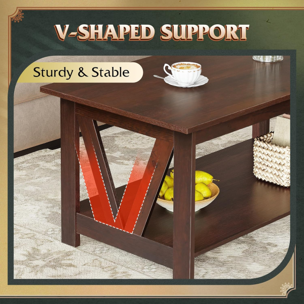 Veera Coffee Table for Living Room, 40" Center Table with V-Frame Support & Storage Shelf, 2-Tier Wood Coffee Tables for Bedroom & Balcony - Image 4