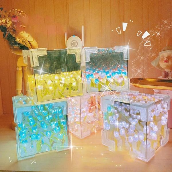 Tulip Nightlight Handmade DIY Material Cube Tulip Mirror Bedroom Decor Atmosphere Lamp Valentine's Day Birthday Gift - Image 2