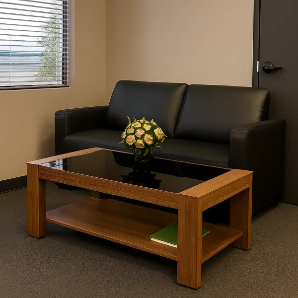 Center Table Office Tea Table With Black Glass Simple and Elegant Strong Wooden Table in Walnut Color - Image 2