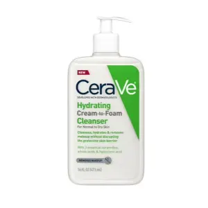 CeraVe Hydrating Cream-to-Foam Cleanser, Fragrance Free Makeup Remover with Hyaluronic Acid for Dry Skin, 16 fl oz