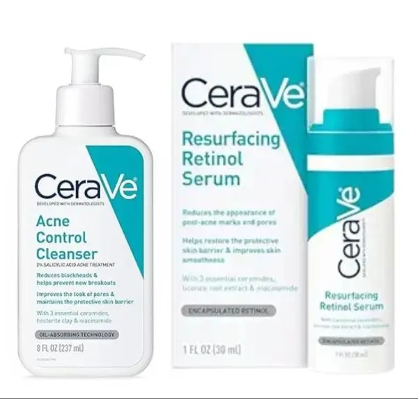 CeraVe Acne Control Cleanser And Cera Ve Resurfacing Retinol Serum Set for Oily Combination Skin