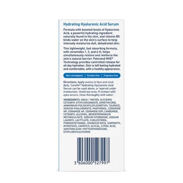 CeraVe Hydrating Hyaluronic Acid Serum with Vitamin B5 and Ceramides for 24-Hour Cera Ve Moisture, Smoother Skin, and Restored Protective Barrier 30ML - Image 4