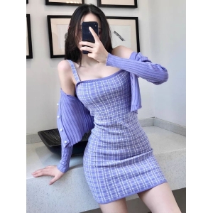 Check Acrilic Dress With Matching Acrilic Cardigon Set.