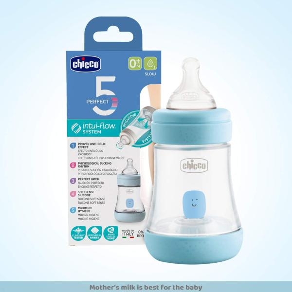 Chicco Perfect 5 150ml Biofunctional Feeding Bottle, Advanced Anti-Colic System, BPA Free, Hygienic Silicone Teat (Blue) - Image 3