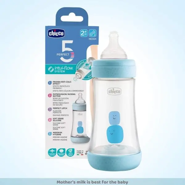 Chicco Perfect 5 240ml Biofunctional Feeding Bottle, Advanced Anti-Colic System, BPA Free, Hygienic Silicone Teat (Blue) - Image 3