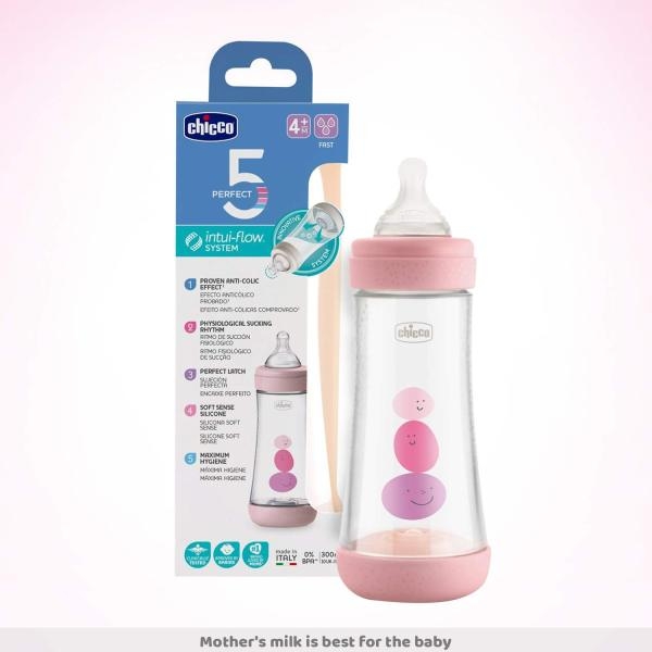 Chicco Perfect 5 300ml Biofunctional Feeding Bottle, Advanced Anti-Colic System, BPA Free, Hygienic Silicone Teat (Pink) - Image 3