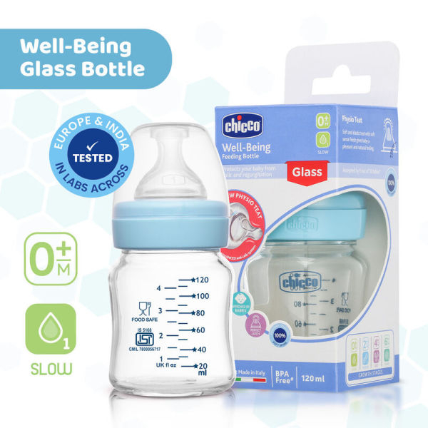 Chicco Well-Being Glass Feeding Bottle (120ml, Slow Flow) - Image 2