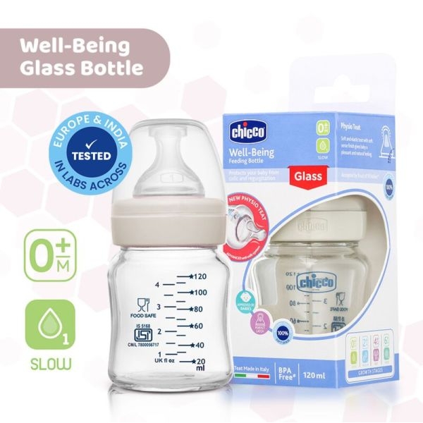 Chicco Well-Being Glass Feeding Bottle (120ml, Slow Flow) Neutral - Image 3