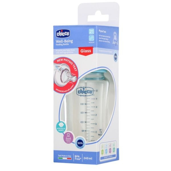 Chicco Well-Being Glass Feeding Bottle (240ml, Medium Flow) (Blue) - Image 3