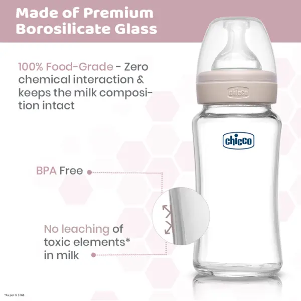 Chicco Well-Being Glass Feeding Bottle (240ml, Medium Flow) (Neutral) - Image 4