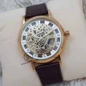 Chris Danel Hollow Nacked Gold Dialed Fashionable Analog Watch For Men