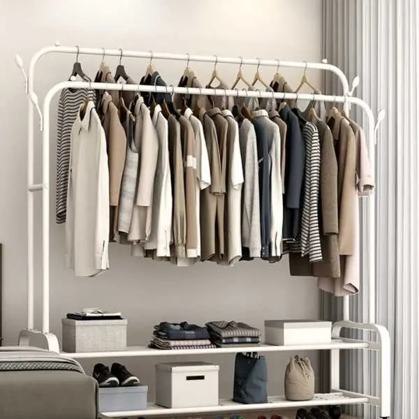 Coat hanger Rack hall Shelves With Heavy Duty Full Body Iron steel Hooks Double Pole Clothe Hanger Stand With Shoe Rack - Image 4