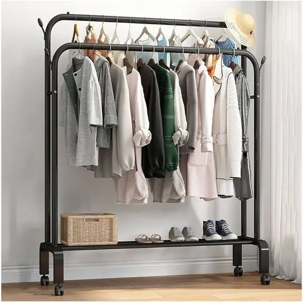 Coat hanger Rack hall Shelves With Heavy Duty Full Body Iron steel Hooks Double Pole Clothe Hanger Stand With Shoe Rack - Image 3
