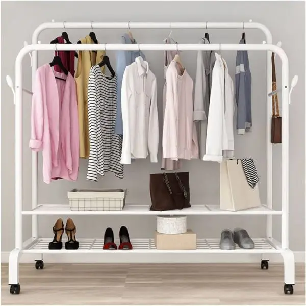 Coat hanger Rack hall Shelves With Heavy Duty Full Body Iron steel Hooks Double Pole Clothe Hanger Stand With Shoe Rack - Image 2