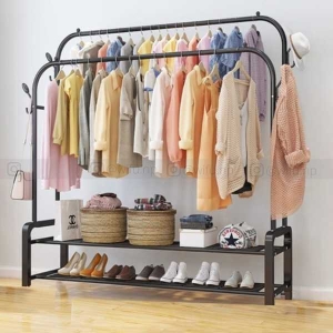 Coat hanger Rack hall Shelves With Heavy Duty Full Body Iron steel Hooks Double Pole Clothe Hanger Stand With Shoe Rack