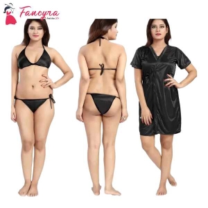 Combo Lingerie Set With Robe And Bikini Bra Panty Free Size Black Color - Fashion | Bra For Women | Panties For Women