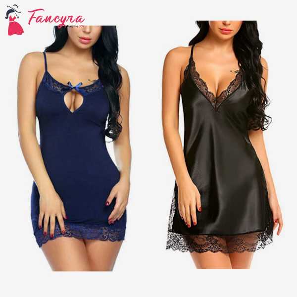 Combo set of Stylish Babydoll Lingerie With G String Panty Free Size Blue and Black Color