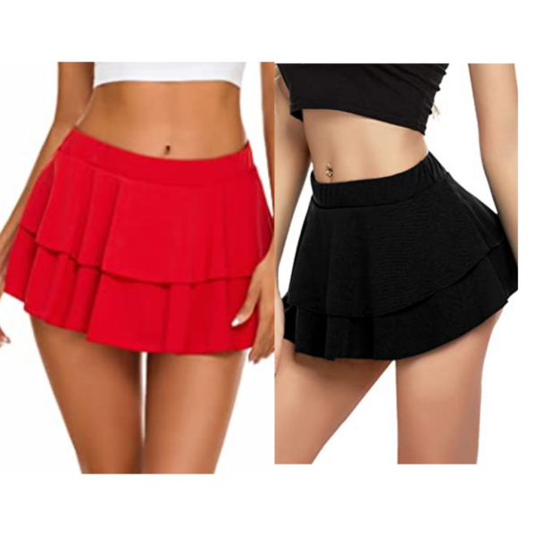 Combo Set of Women Pleated Mini Skirt Solid Ruffle Lingerie Skirts Free Size Red and Black Color - Image 2