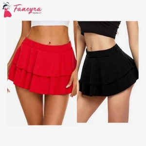 Combo Set of Women Pleated Mini Skirt Solid Ruffle Lingerie Skirts Free Size Red and Black Color