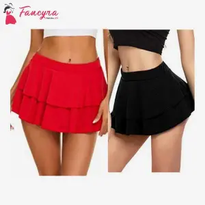 Combo Set of Women Pleated Mini Skirt Solid Ruffle Lingerie Skirts Free Size Red and Black Color