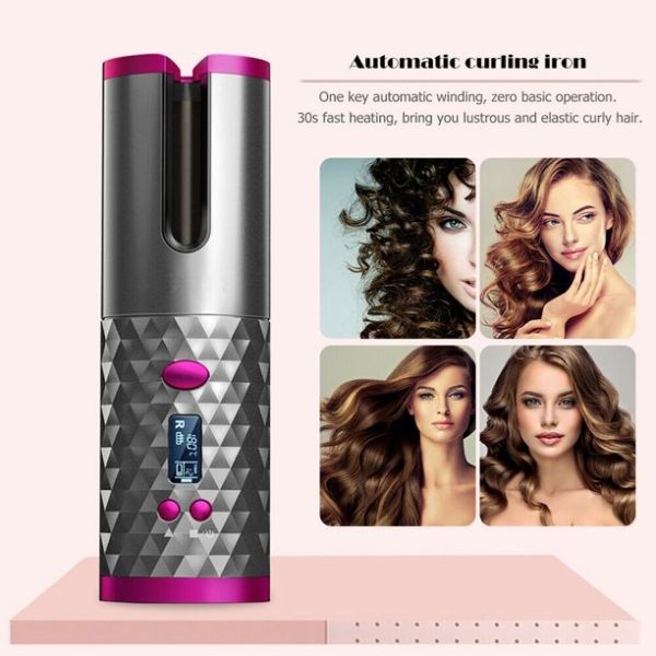 Cordless Auto Rotating Ceramic Hair Curler USB Rechargeable Curling Iron LCD Display Temperature Adjustable Curling Wave Styler - Image 2